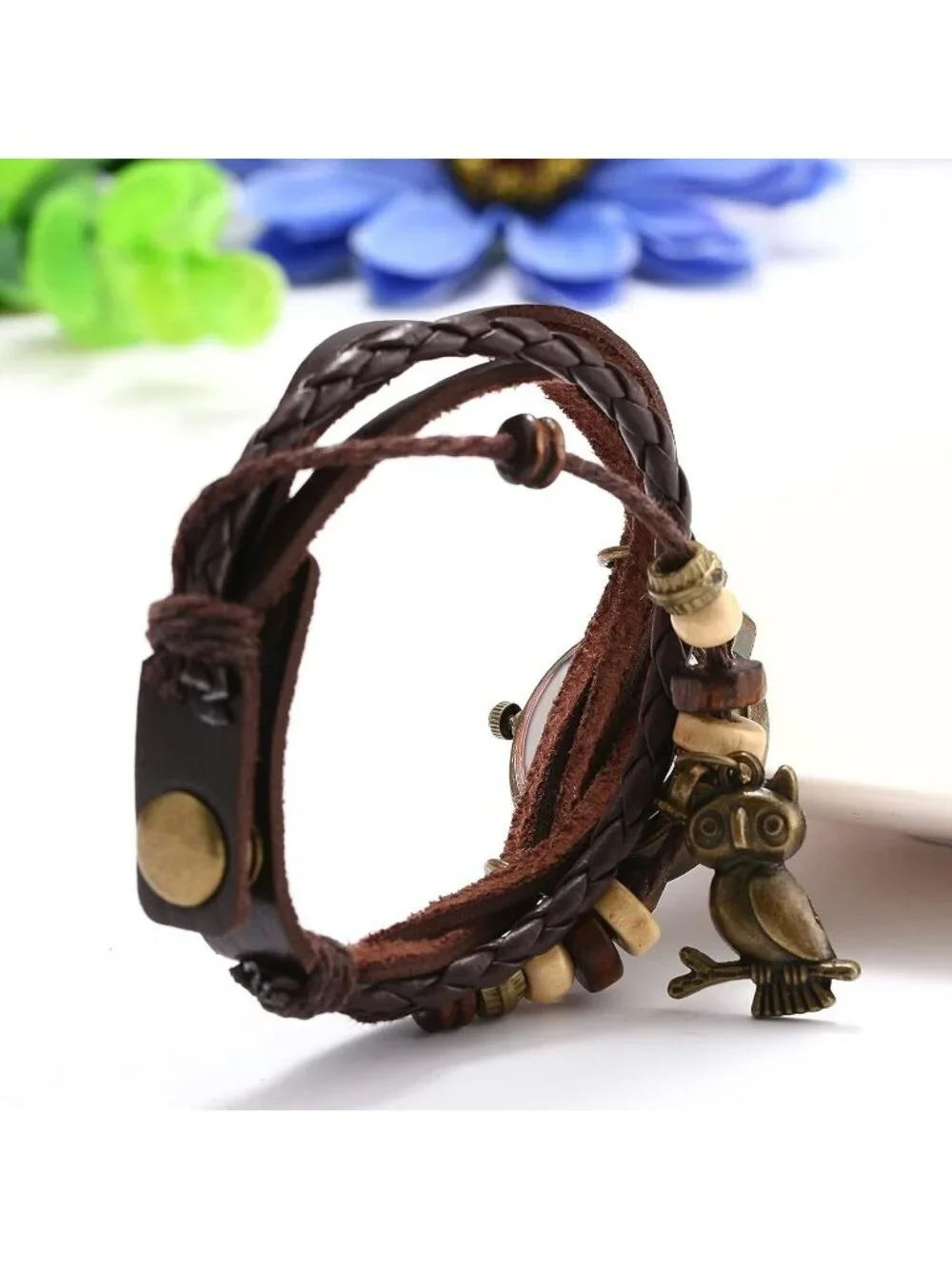 Women's Brown Analog Quartz Owl Bracelet Weave Wrap Around Leather Wrist Watch